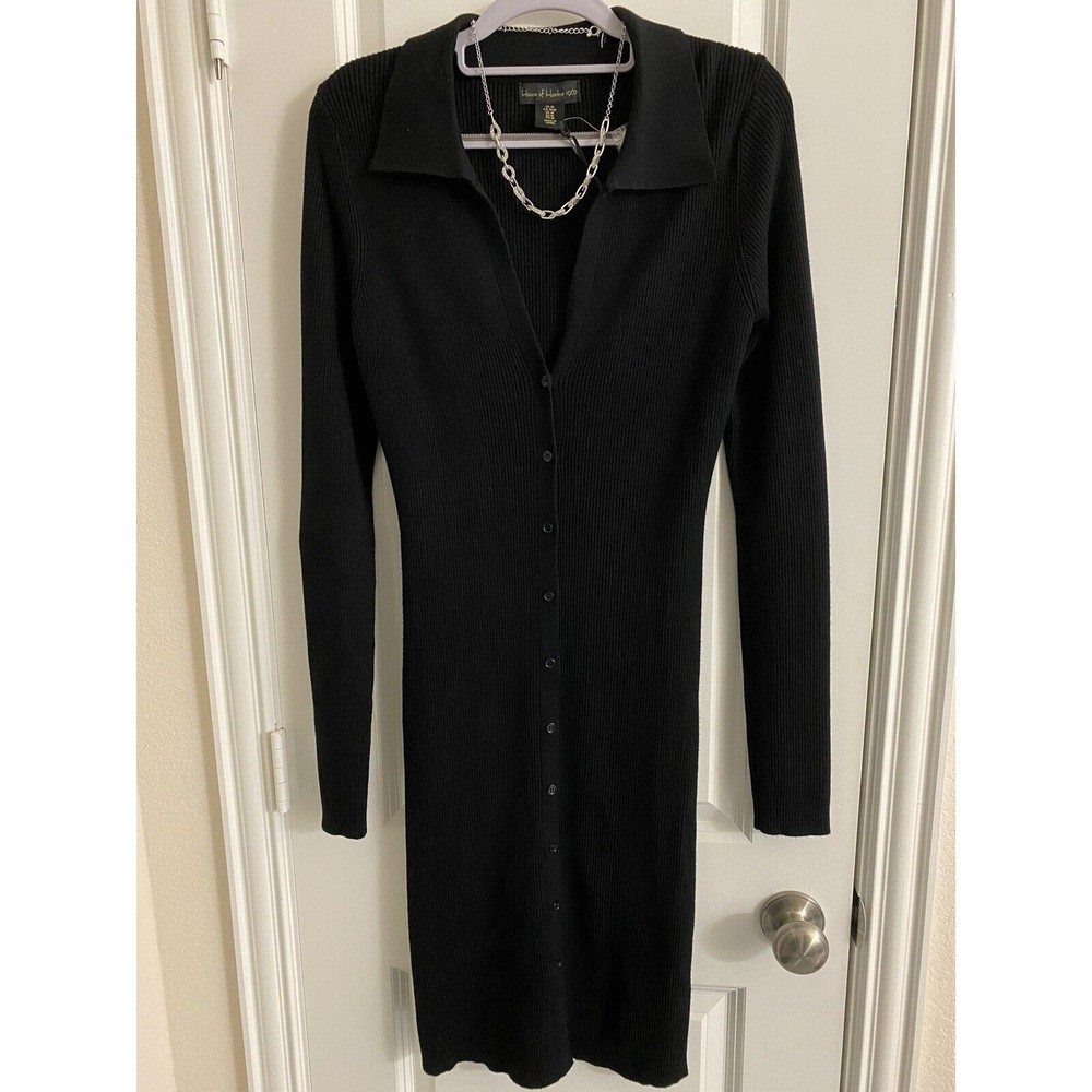 House Of Harlow REVOLVE‎ Collar Cardigan Ribbed Sweater Dress Black NWT Size M